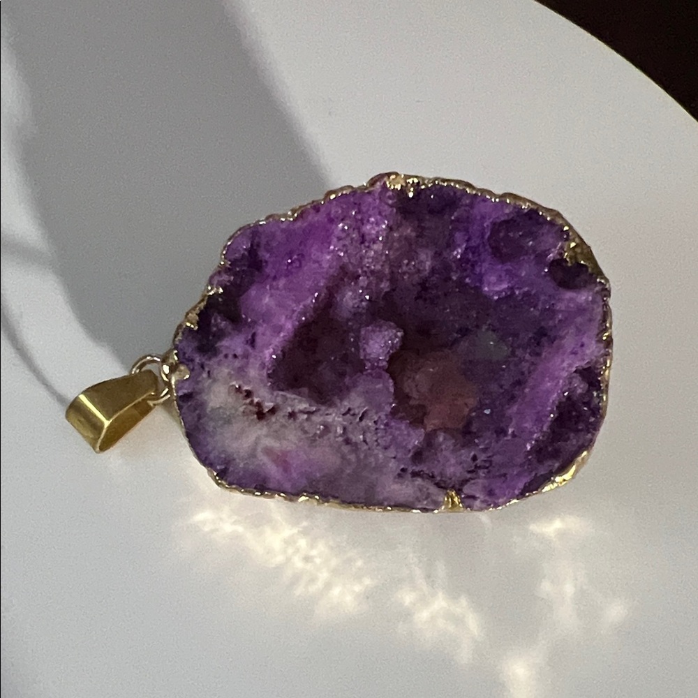 Purple Druzy Geode Pendant with Gold Trim